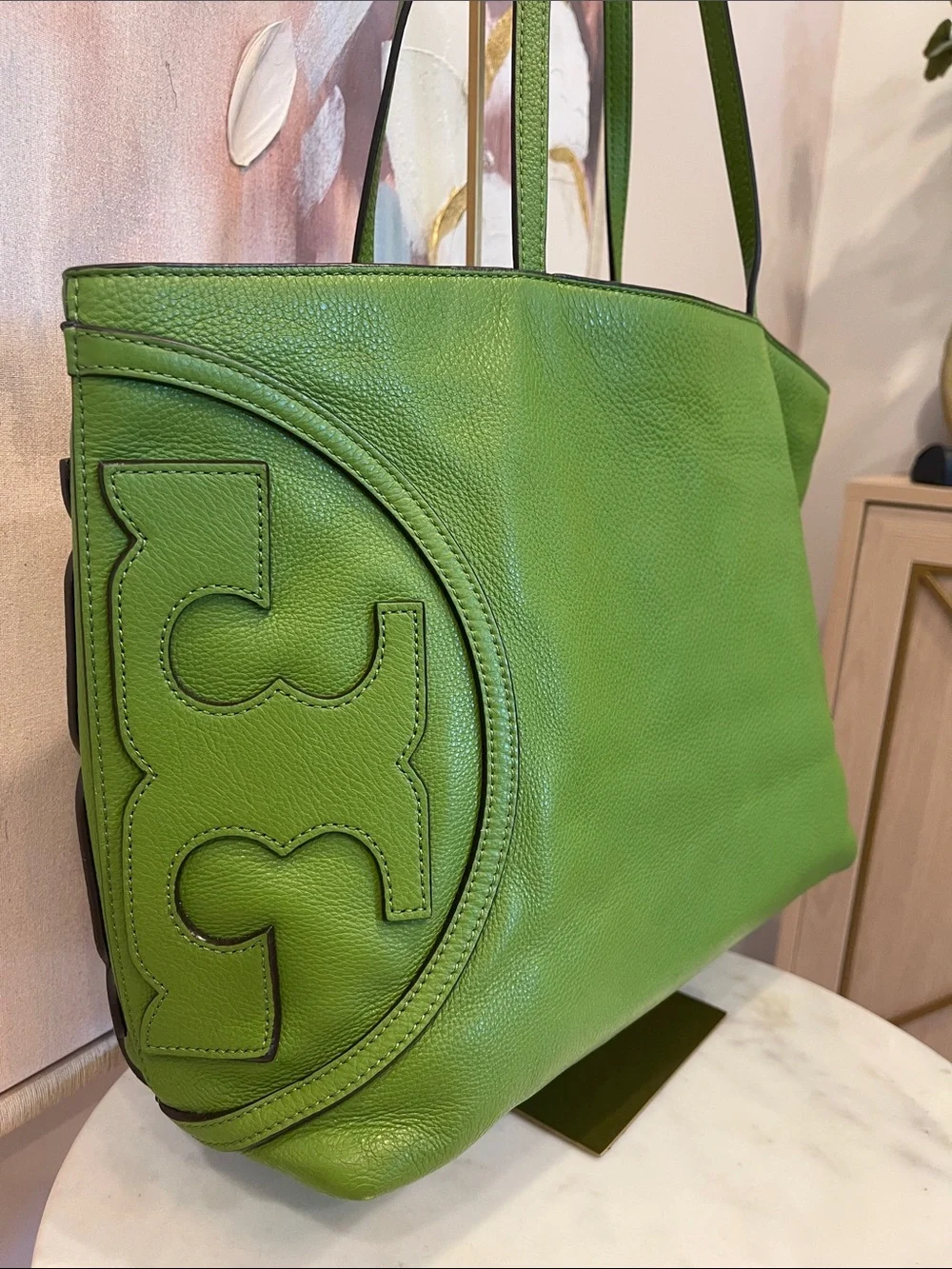Tory Burch Green Leather Tote with Logo Accent